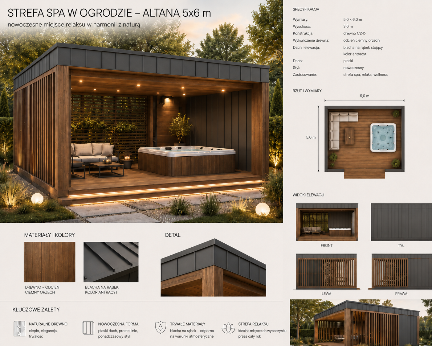 Projekt altany ogrodowej 5 na 6 metrów ze strefą SPA i jacuzzi